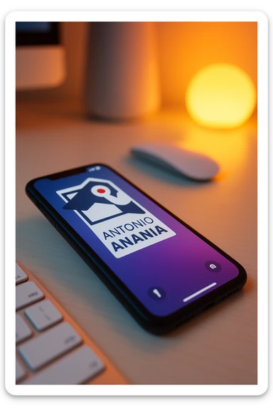 A photo of an iPhone on the desk with the message "Antonio Anania" on its screen, The phone sits atop a desk with a blurred background that suggests work environment. A faint glow from above casts gentle shadows across the surface of each object, creating depth and highlighting their textures sticker