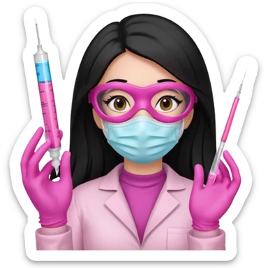 laboratorista con guantes rosa y mascarilla rosa jeringa tubos sin lentes pelo lacio negro y largo sticker