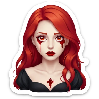 a woman with long red hair and red eyes. The woman wear a black dress. She have red lipstick. blood on face and metaphorical chest sticker