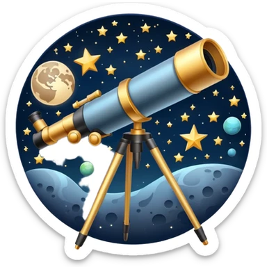 An icon featuring a telescope, stars, and a planet, symbolizing astronomy. The design includes a crescent moon, distant galaxies, and constellations, representing the study of space and celestial bodies. Transparent background highlights the exploration of the universe and cosmic phenomena. sticker