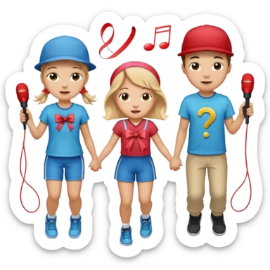 Show three big emojis: 👧🏻🎀 (the doll singing), 😀👕4️⃣5️⃣6️⃣🤾 (a player jumping rope), 👦🏻🧢 (child figure). sticker