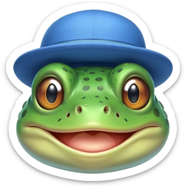 frog blinking and smiling while wearing a blue hat sticker