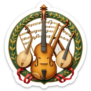 Design a sophisticated, festive, and professional emblem-like emoji representing both plucked and string instruments. The composition should resemble a heraldic crest, featuring a harmonious blend of instruments like a banjo, mandolin, domra, sitar, and others. The necks of these instruments should intertwine gracefully with a flowing ribbon of musical notes, wrapping around the strings and headstocks. The instruments should be artistically detailed, with decorative fretboards, intricate inlays, and ornate carved elements. The overall design should evoke a sense of elegance and craftsmanship, with a color palette of gold, deep wood tones, and rich accents. Include subtle highlights to create depth and dimension, with ornamental flourishes like laurel branches or swirling patterns around the central instruments. The background should be transparent to allow the emblem to stand alone. sticker