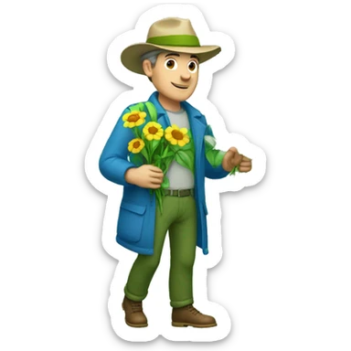a botanist white man with luigi "D" cap and blue clothes holds various flowers sticker