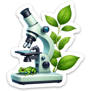 An icon featuring a DNA strand, a microscope with visible cells, and a green leaf, symbolizing biology. The design includes animal cells, plant structures, and a frog, representing the study of living organisms and ecosystems. Transparent background highlights life sciences and biological research. sticker