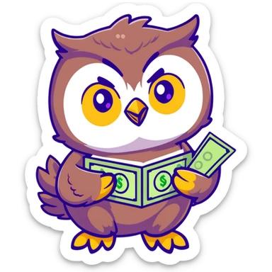 cute owl character symbolizing wealth luck, large green eyes, sparkling golden feathers, holding a money pouch in its feet, pastel tones, charming sticker style sticker