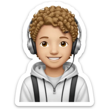 Faça um adolescente de cabelo cacheado médio sorrindo com um aparelho dental e fones de ouvido, com um moletom branco sticker