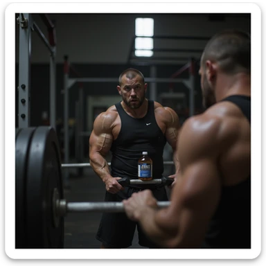 realistic powerlifter performing deadlift in front of mirror, reflection shows bottle of AAS in background, expression torn between curiosity and doubt, isolated on white background sticker