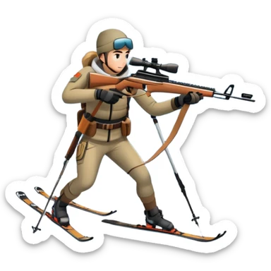 An icon showing a snowy landscape with pine trees, mountains, and a clear sky with a biathlete aiming a rifle in the foreground, wearing winter gear and skis. Transparent background emphasizes the precision, endurance, and beauty of this winter sport. sticker