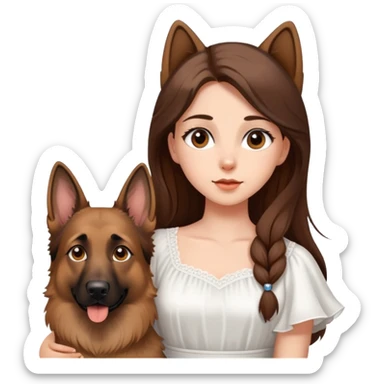A beautiful girl with big eyes, fair skin, long brown hair with white dress and a German Shepherd dog sticker