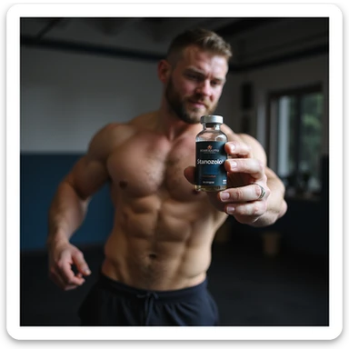 realistic photo of a crossfit athlete holding a vial labeled 'Stanozololo', tense muscles, bright light, modern gym background sticker