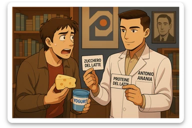 fai un webtoon manga a colori con questo stile, in cui un uomo fa una domanda al kinesiologo con il camice bianco (fagli anche la scritta "ANTONIO ANANIA" SUL CAMICE, l'uomo chiede una cosa mostrando un formaggio e uno yogurt al kinesiologo con il camice, IL KINESIOLOGO annuisce e SPIEGA ALL'UOMO UNA cos. L'UOMO ha un ESPRESSIONE CONFUSA IN VOLTO. non fare i fumetti però, fai solo in modo che sembri stiano parlando sticker