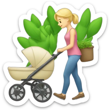 blond-woman-pushing-stroller-with-plant-in-it sticker