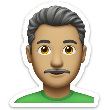 A man with a green shirt and have some lipstick and has one hair and holding a wooden ruler sticker