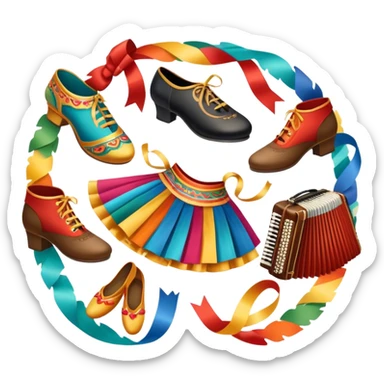 Icon for Folk Dance: close-up traditional dance shoes, colorful folk costumes, and a dance circle with ribbons and musical instruments like a tambourine or accordion. The icon should represent the vibrant and cultural aspects of folk dancing. Transparent background. sticker