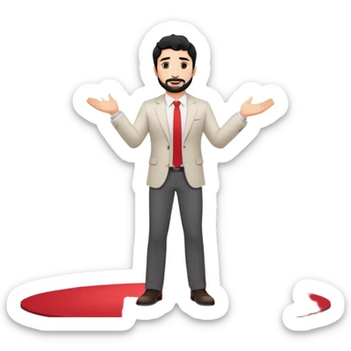 Professional 35-year-old man with black wavy hair, stubble, strong jawline, white skin tone, wearing smart casual business attire, giving a TED talk on innovation, standing on circular red carpet stage, gesturing confidently with projected slides behind him sticker