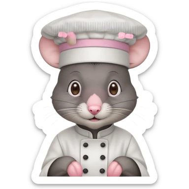 dark gray mouse with large round ears, brown eyes, and a small pink nose, wearing a white chef’s hat sticker