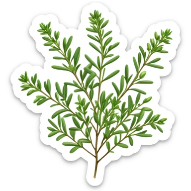Cinematic Realistic Thyme Emoji, Compact and earthy, with tiny green leaves densely packed on delicate stems. The soft fragrance of the leaves fills the air, creating an atmosphere of warmth and subtle richness. Soft glowing outline, capturing the essence of simplicity and natural healing in a sprig of thyme! sticker