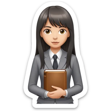 Beautiful white girl, with dark very long hair with bang, wearing grey suit, holding 5 books sticker