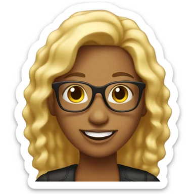 Una mujer trigueña con cabello color negro y lentes dorados, sonriendo y con una laptop sticker