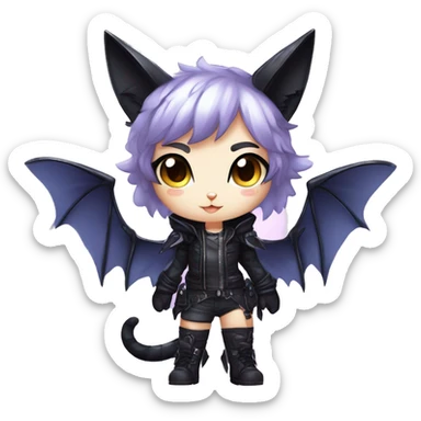 Shiny Chibi Cool Punk Black beautiful fantasy Kawaii Ethereal Sona Fakemon-cat-animal with edgy bat-wings-ears Full Body sticker