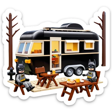  Ultra cute futuristic Lego detailed Batman and pretty Catwoman dream house Caravan with picnic table and folding chairs alone at romantic night(hot chocolate and cheeseburgers on the grill) sticker