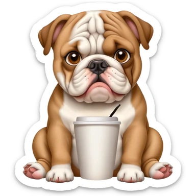English bulldog sitting with a coffee cup sticker