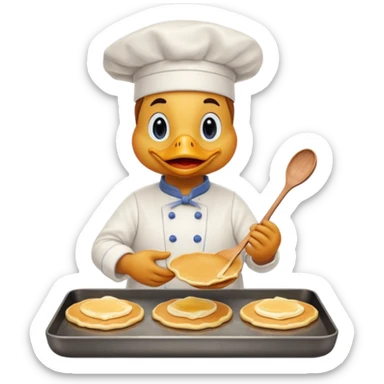 A chef duck wearing a tiny apron, making pancakes on a pan sticker
