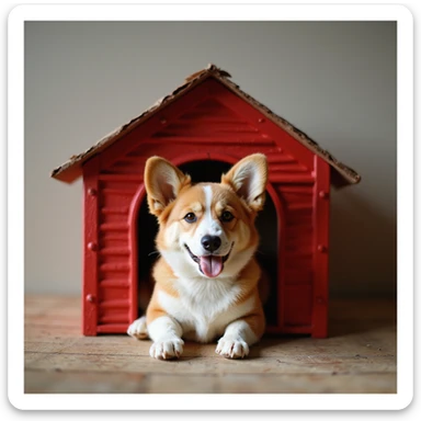 realistic red dog house with a Corgi dog inside, Corgi with a plush toy, photorealistic style sticker