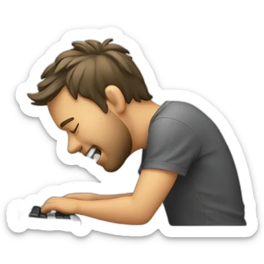 Developer banging his head on a keyboard sticker