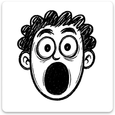 Make the surprised face emoji much more dramatic, with wide open mouth, raised eyebrows, and exaggerated eyes, in hand drawn doodle style. sticker