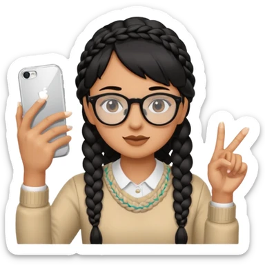 He has braid bangs on one side of his black hair, and he's wearing horn-rimmed glasses and taking a mirror selfie with his iPhone white color sticker
