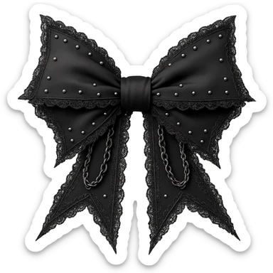 Make the white gothic bow even more dramatic: larger, with exaggerated pointed ends, extra lace, and ornate silver chains. Keep the background transparent. Maintain the gothic style and intricate details. sticker