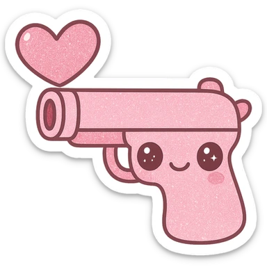 Add sparkling glitter details to the kawaii pink heart pistol, keeping the cute face and big eyes, with no background. sticker
