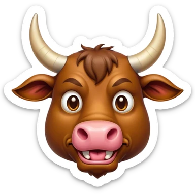Cinematic Comical Domestic Bull Portrait Emoji, Head tilted dramatically with an exaggeratedly amused expression, featuring a striking, glossy coat with boldly defined horns and wide, expressive eyes brimming with playful disbelief, Simplified yet hilariously expressive features, highly detailed, glowing with a slightly sassy, earthy glow, high shine, dramatic yet playful, stylized with an air of cheeky rural mischief, soft glowing outline, capturing the essence of a spirited and over-the-top domestic bull that looks ready to charge its way into internet fame instantly! sticker