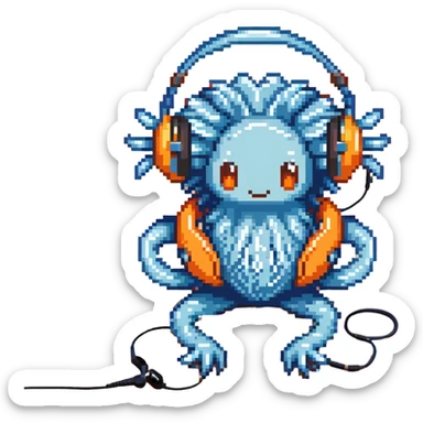 light blue sea anemone with arms, listening to music with headphones, sitting on sand sticker