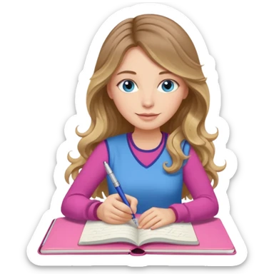 pretty female with long wavy brown hair with blonde highlights and blue eyes writing in a relaxed position in a pink journal with a cup of tea sticker