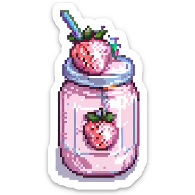 pixel art strawberry milkshake with pink hue and cherry on top, glass with straw, simple background sticker