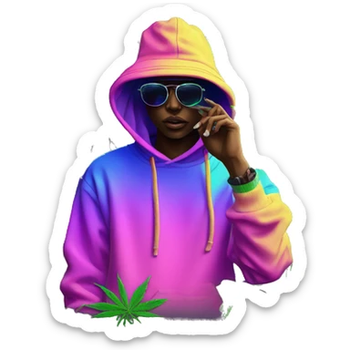 Hemp leaves Multicoloured neon person smoking wearing hoodie dancing hip hop bucket hat tropical Skater fashion aesthetic baggy clothes graphic t shirt 420 sticker