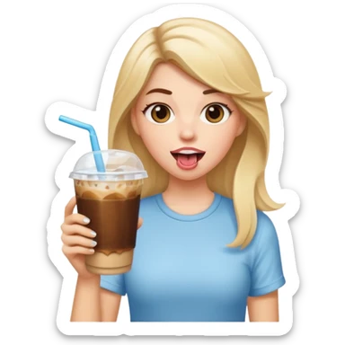 Brunette white girl with blonde ends holding iced coffee and sticking her tongue out  sticker