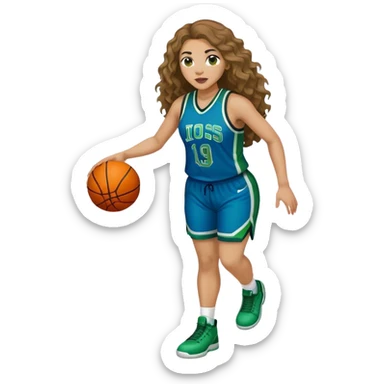 full figure light latino women basketball player with long  wavy hair wearing blue and green uniform sticker