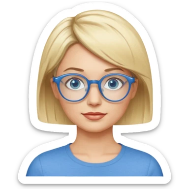 femme 40 ans cheveux garçon blond avec raie sur le coté, yeux bleu et lunettes rondes bleues sticker