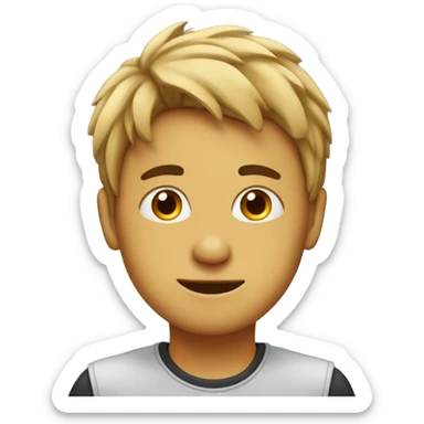 A boy witth lences in front of laptop with a good hair sticker