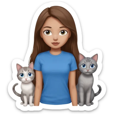 a pretty bratz dusky light skin girl with long brown hair, blue eyes with six cats nd wearing a grey tshirt sticker