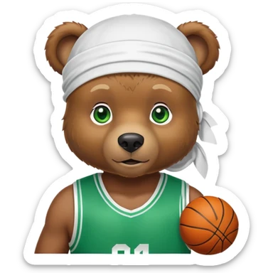 Cute brown bear with green eyes shown up to shoulders, wearing a white durag and black basketball jersey, visible upper chest and shoulders, iOS emoji style sticker