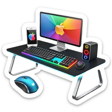 rgb gaming computer on black desk with a black keyboard and mouse sticker