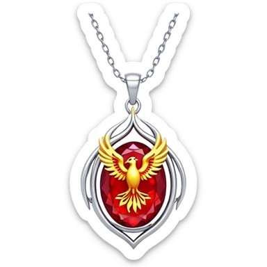 phoenix-inspired ruby pendant, deep red core with yellow ember edges, floating silver chain sticker