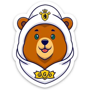 Cute grizzly bear face with green eyes, wearing a white fur hat with golden Russian coat of arms in the middle sticker