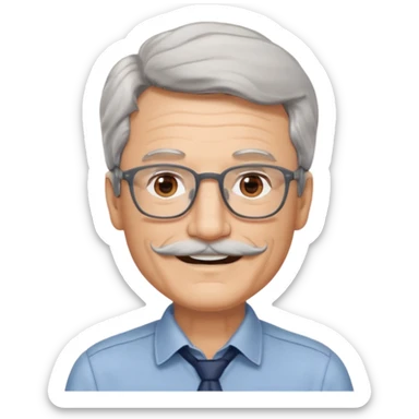 Generate a portrait of a slightly older man with glasses. His hair is quite thin, gray, but wavy. He has brown eyes, a mustache, and is smiling. sticker