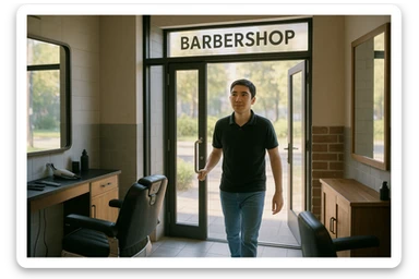 Shu odamni sartaroshxonaga kirib kelayapti  o'smirin davri rakurs ichkaridan sartaroshxona eski ham yangi ham emas bolani juda semiz qilib yuborma  u ozg'inroq bo' huddi sartaroshxonani  hammadan oldin kelib ochsin sticker